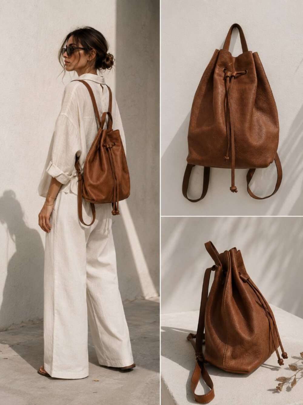 Madewell Brown Leather Drawstring Backpack Bucket Bag Rucksack Pebbled Leather
